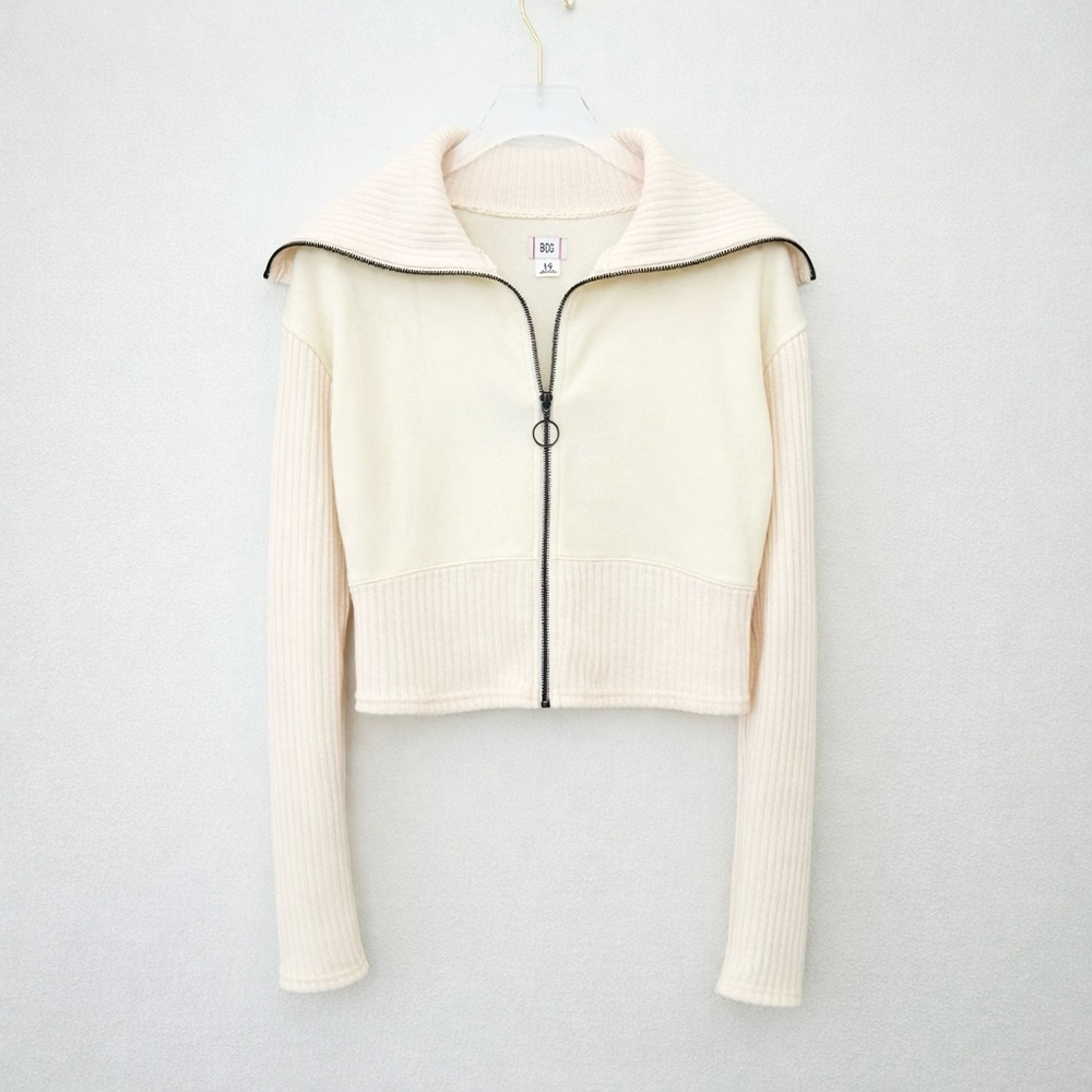 BDG Urban Outfitters Lottie Zip Sweater Top Cropped Knit Collar Ivory Size Large - Picture 2 of 12